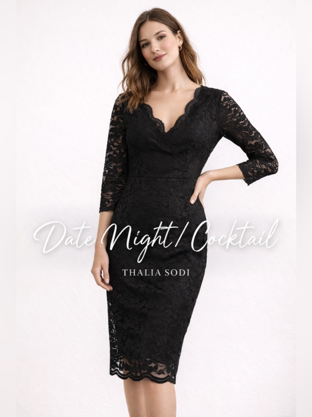 Thalia Sodi Black Lace Bodycon Dress | Scalloped Neckline | Size Small